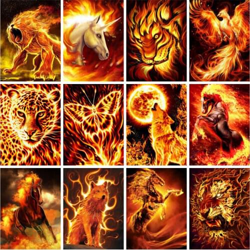 Huacan 5d Diy Diamond Painting Animals Fire Square/round Diamond Mosaic Wolf Horse Embroidery Cross Stitch Home Decor