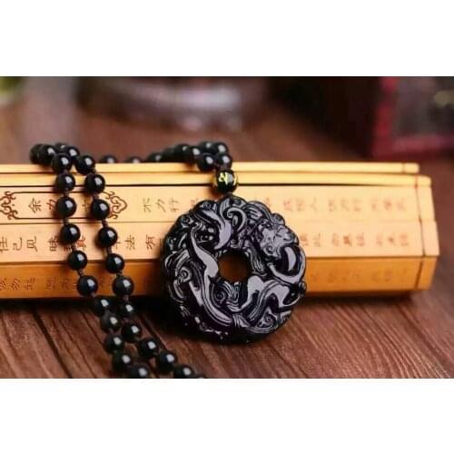 Free shipping Free shipping Natural frosted obsidian grass Long Pingan buckle necklace pendant with rope