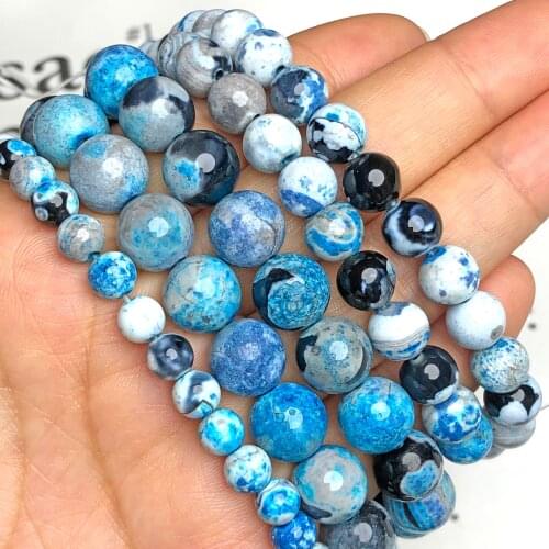 Natural Stone Blue White Colors Fire Agates Onyx Beads Round Loose Bead For Jewelry Making DIY Bracelet Necklace 15'' 6/8/10mm