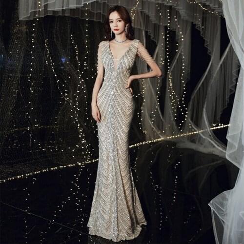 Elegant V-neck Sequin Mermaid Evening Dress Women Sexy Backless Bodycon Long Party Prom Gown