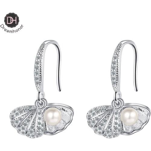 Dreamhonor 2021 Elegant 925 Sterling Silver Rhinestone Zirconia Shell Pearl Drop Earrings For Women Fashion Jewelry