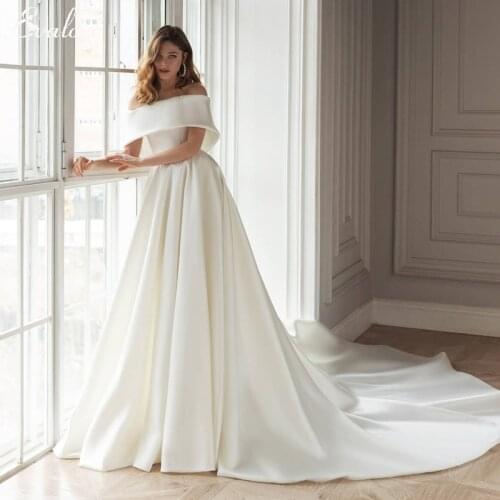 EVALOVE Gorgeous Matte Satin Court Train Bride A-Line Wedding Dresses Romantic Boat Neck Off the Shoulder Princess Bridal Gown