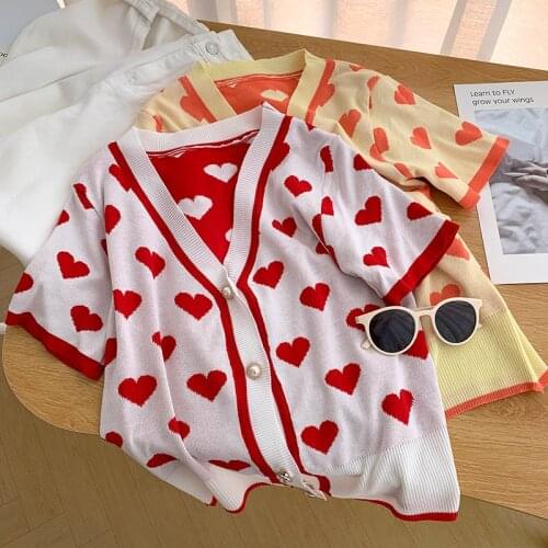 Summer Knit Sweater Cardigan Women V-neck Knitting Short Sleeve Thin Sweaters Cardigans Lady Printed Hearts Crop Tops for Female