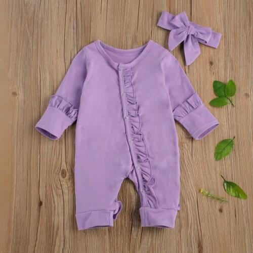 0-24M Infant Baby Girl Romper Ruffle Button Long Sleeve Purple Solid Color Jumpsuit Headband Spring Baby 2pcs