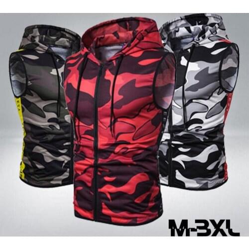 New Mens Camouflage Zipper Hooded Sleeveless Camouflage Printed Fitness Sports Vest