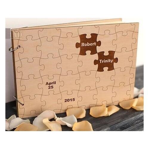 Personalized Puzzles Bride and Groom Rustic wedding guest album book engraved Wooden guestbooks Reception party decorations