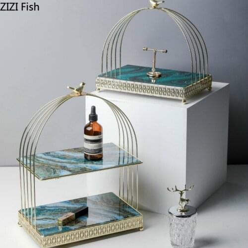Birdcage Shape Metal Glass Storage Tray Creative Cake Plate Home 2 Layer Cosmetic Storage Tray Bathroom Storage Decorative Tray