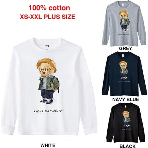 BLINGPAW Spring/Autumn Teddy Bear explore the world Graphics Unisex Long Sleeve T-Shirt O-Neck Tops Casual 100% Cotton
