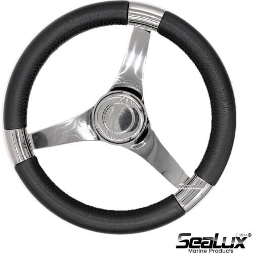 Sealux 13-1/2 inch Stainless Steel Sport Steering Wheel With PU Foam and Real Leather Covering High-end for Marine Yacht Boat