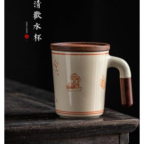 Grass and Wood Gray Glaze Happy Water Cup Mug Creative with Cover Water Cup Large Wooden Handle Handle Tea Cup Coffee Mugs