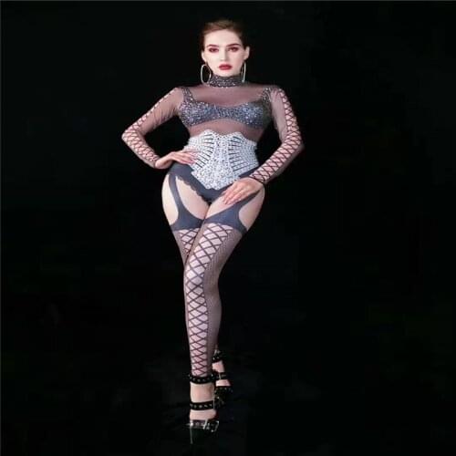 T63 Female 3D printed jumpsuit rhinestone outfit dance costume ballroom birthday outfit singer party wears dress dj clothe club