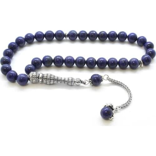 Tesbihane 925 Sterling Silver Claw Tassels Sphere Cut Purple Lapis Natural Stone Rosary