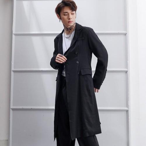 Trench Coat Men New Black Double-breasted Mid-length Windbreaker Suit Collar Yamamoto Wind Slim Korean 2021 Spring Clothing