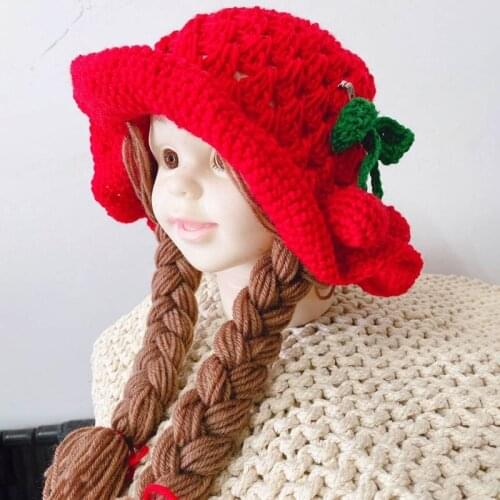 Handmade Knitted Baby Girls Wig Hat Infants Photography Props Headwear Newborn Wigs Brades Kids Crochet with Plaits