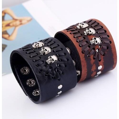 New Arrival Valentine Genuine Leather Braided Skull Black/Brown Cow Leather Vintage Punk Jewelry Bracelets For Men Women