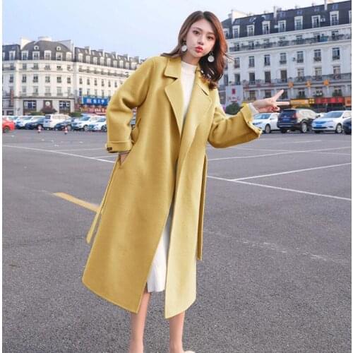 High-quality women woolen coat elegant spring autumn overcoat casual over knee woolen Windbreaker yellow wool coat outdoor black