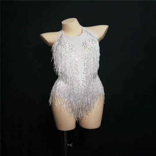 Y54 White tassel bodysuit colorful diamonds short jumpsuit elastic sexy outfit women singer perform dress dance wear costumes dj