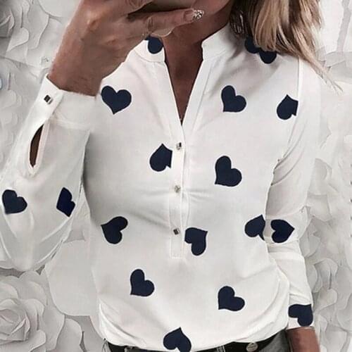 Womens Flower Heart Print Blouse 2021 Fashion Spring Summer Casual Long Sleeve V Neck Shirt Ladies Elegant Buttons Dating Tops