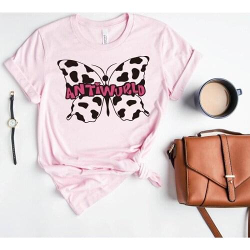 Anit World Butterfly Printed Ladies Grunge T shirts Plus Size Loose Short Sleeve Tops Round Neck Cotton Tumblr Aesthetic Tees