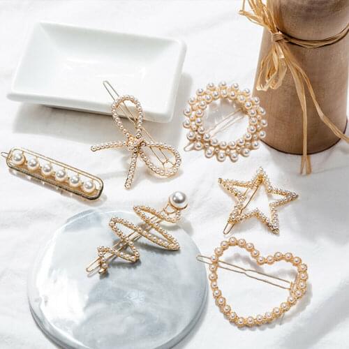 Lady Pearl Hair Clip Snap Barrette Stick Hairpin Bobby Hair Accessories 6 Shapes