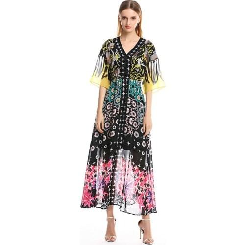 2020 Spring&Summer Long Dress New Arrival Fashion V-Neck Full Sleeve Star Print Ankle-Length Dress Women vestido