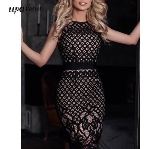 Free Shipping Elegant Womens Black Lace Bandage Dress 2021 Summer New Sleeveless Bodycon Hollow Dress Club Club Party Vestidos
