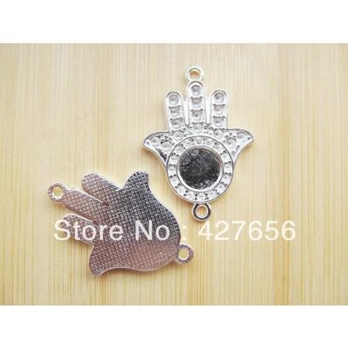 10pcs Silver plated The hand of Fatima Hamsa Connector Pendant Charm,fit 35pcs Rhinestone,10mm Round Cabochon Base Setting