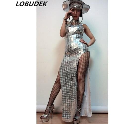 Bar Nightclub Leading Dancer Mirror Costume Silver Sequined Backless Slit Long Dress Women Singer Stage Show Performance Clothes