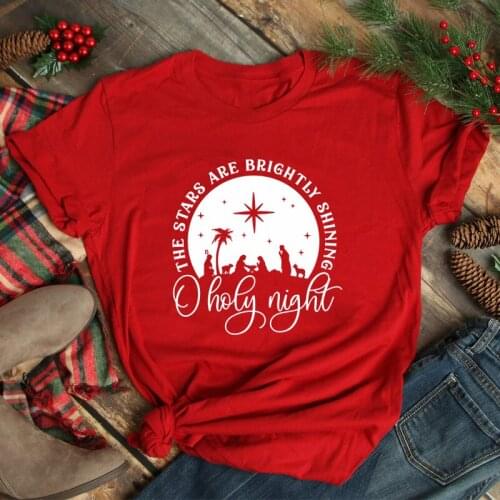 The Stars Are Brightly Shining T-shirt Winter Short Sleeve Christmas Holiday Tshirt Women Religious Christian Jesus Tops Tees