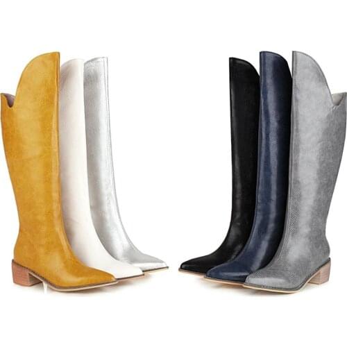 Brand Women Boots Sqaure High Heel Knee High Boots Faux Leather Pointed Toe Autumn Winter Long boots Black Blue 35-46