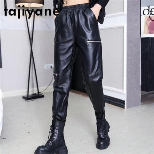 Cargo Women Pants Genuine Leather Pants Woman Real Sheepskin High Waist Trousers Korean Style Mujer Pantalones TN2418