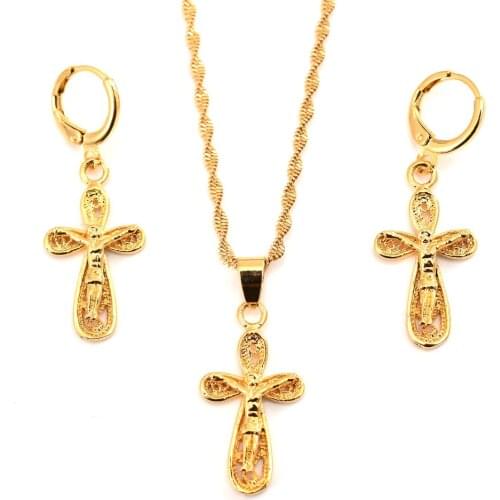 Gold Color Cross Pendant Necklace Earrings For Women Men Simple Vintage Jewelry Christmas Gifts