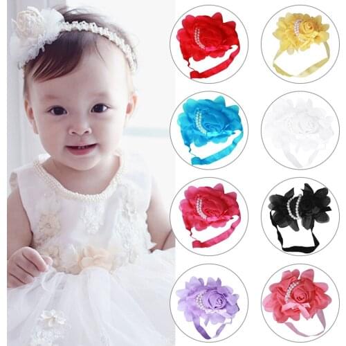 Children Hair Band Rose Flower Solid Color Elastic Chiffon Pearl Headband Girls Head Accessory