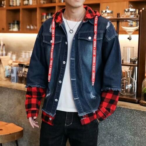 Japanese Streetwear Mens Jackets Spring 2021 Mens Hoodie Denim Jacket Fashion Plaid Coat Vintage High Street Jackets Man Women