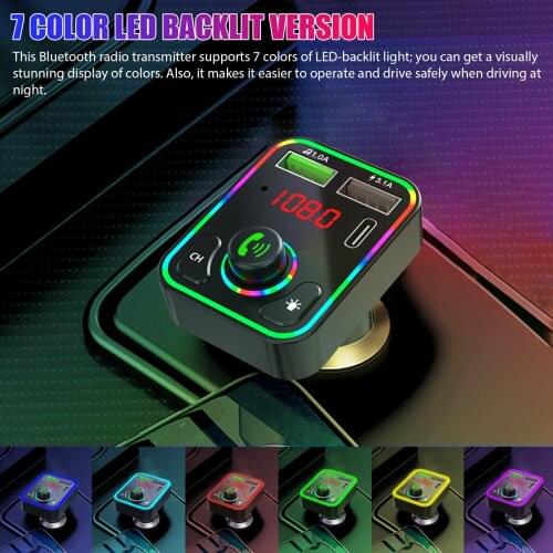 FM Transmitter Car Bluetooth 5.0 Handsfree MP3 Player With Colorful Atmosphere Light 3.1A Dual USB PD Type-C Charge