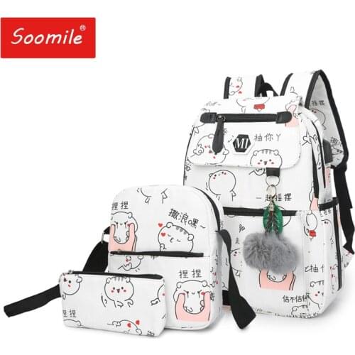 Soomile 2020 USB Charging Canvas Backpack 3 Pcs/set Women School Backpacks Schoolbag For Teenagers Man Student Book Bag Boys Sat