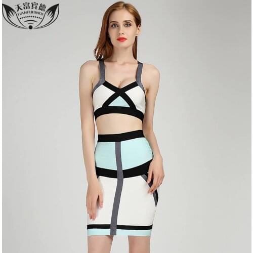 Summer Women Sleeveless Bandage Dresses Zipper Design Party Dress Sexy Ladies Above Knee Mini Strapless Mix Color Dress Set