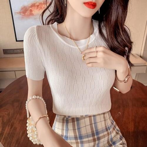 Summer Fashion Shirt knitting thin T Shirt Women Tops Base O-neck Short sleeve Tees Girls Tshirt 2021women fashion clothing