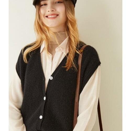 LONGMING Women Sweater Vest 100% Cashmere Knitted Cardigan Vest Sleeveless V-Neck Winter Wool Knit Vests Tops Vintage Clothes