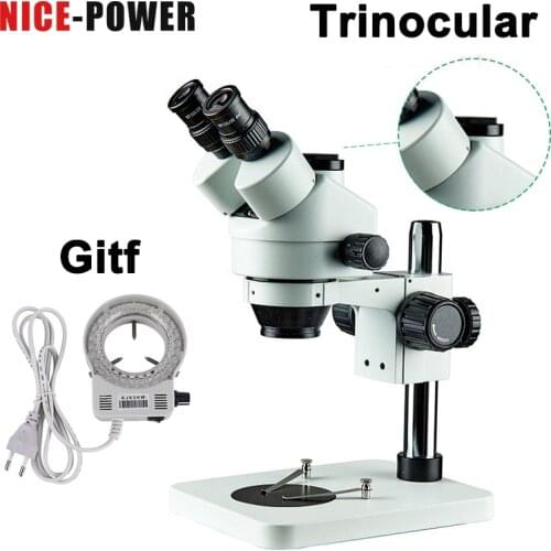 Nice-power 7-45X 3.5X-90X microscope binocular Trinocular Stereo Zoom Big table stand Microscope repair With LED ring light
