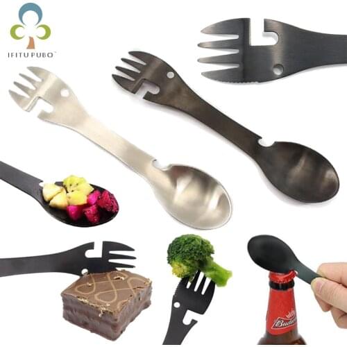 5 in 1 stainless steel Multifunctional camping equipment Cookware Spoon Fork Bottle Opener Portable Tool outdoor survival GYH