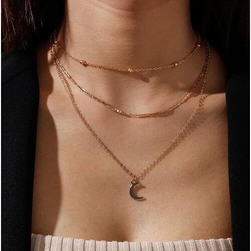 Fashion 3D Crescent Moon Pendants Necklaces for Women Gold Silver Color Multilayered Beads Chain Necklace Party Jewelry