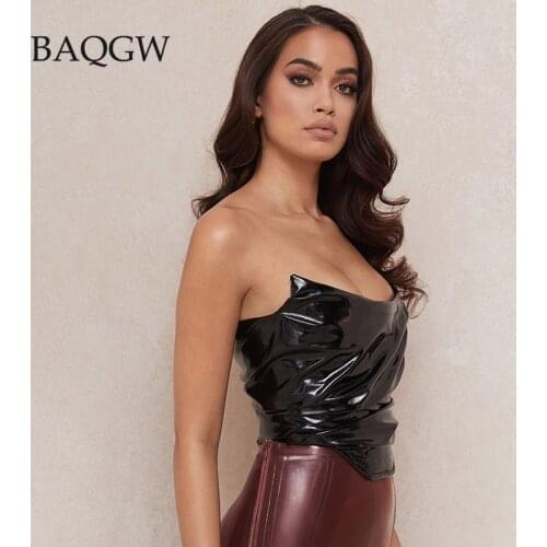 Fashion Punk Black PU Leather Pleated Cropped Tops Womens Camisole 2020 Summer Irregular Zipper Tees Slim Club Leather Tank Tops