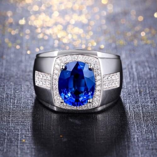 Mens Fashion 925 Silver Color Ring Luxury Domineering Blue Gem Ring Wedding Engagement Ring Party Jewelry Size 6-13