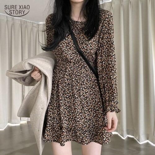 Casual Vintage Printing Party Dress 2021 Spring Summer Floral Dress Women Puff Sleeve O Neck Party Dresses Two Pieces 13570