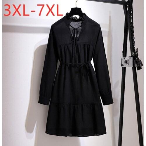 New 2021 Ladies Spring Autumn Plus Size Mini Dress For Women Large Loose Long Sleeve Black Cotton Belt Dress 3XL 4XL 5XL 6XL 7XL