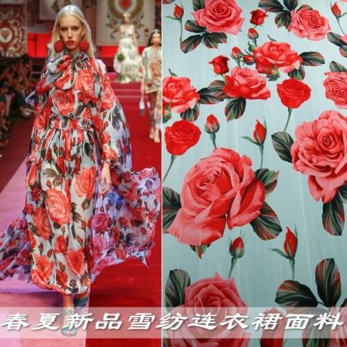 Spring and summer new red rose chiffon printed perspective fabric thin handmade DIY dress shirt polyester fabric wholesale