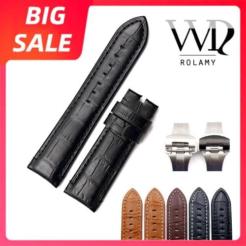 Rolamy 22 24mm Luxury Leather VINTAGE Black Real Calf Crocodile Grain Thick Wrist Watch Band Belt Silver Black Clasp For Panerai