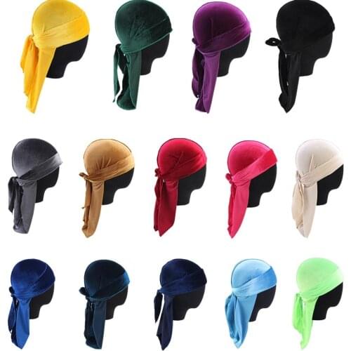 Velvet Long Tail Durag Hip Hop Turban Muslim Unisex Women Men Breathable Bandana Hat Durag Do Doo Du Rag Long Tail Headwrap New