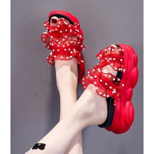 Platform Slippers Womens Outerwear 2021 Summer New Online Influencer Fashion Pearl Ribbon Street Shot Muffin Slippers
